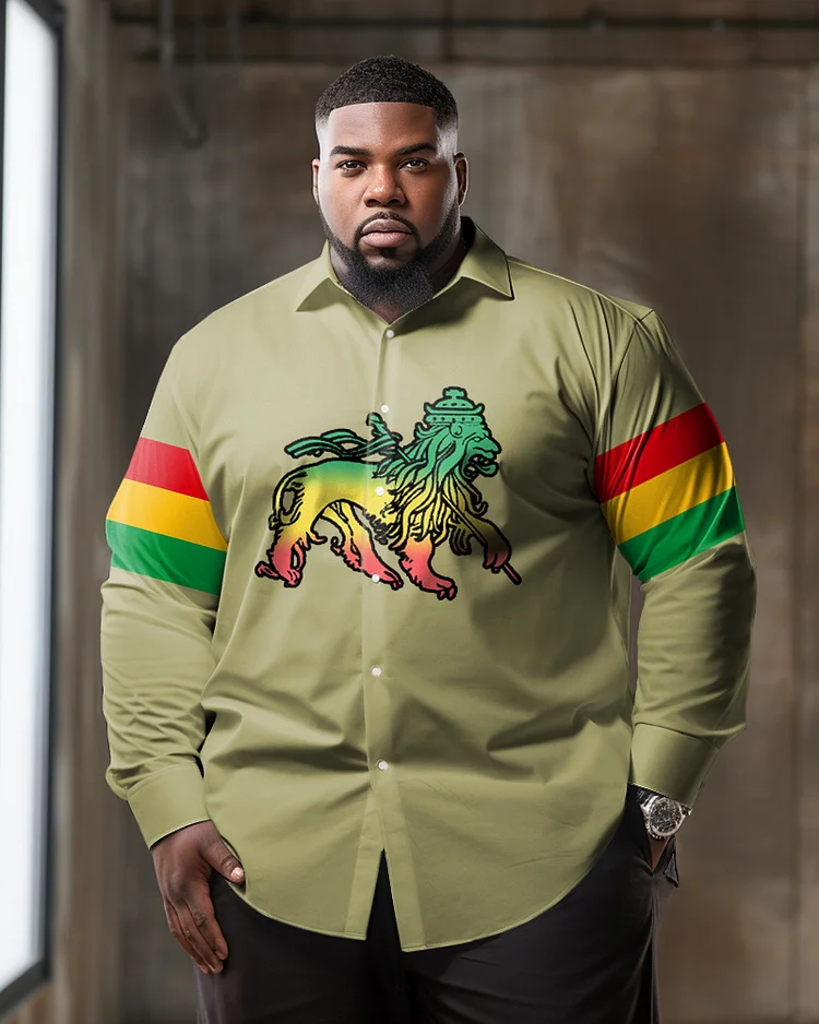 Men's Plus Size Reggae Lion Long Sleeve Lapel Shirt