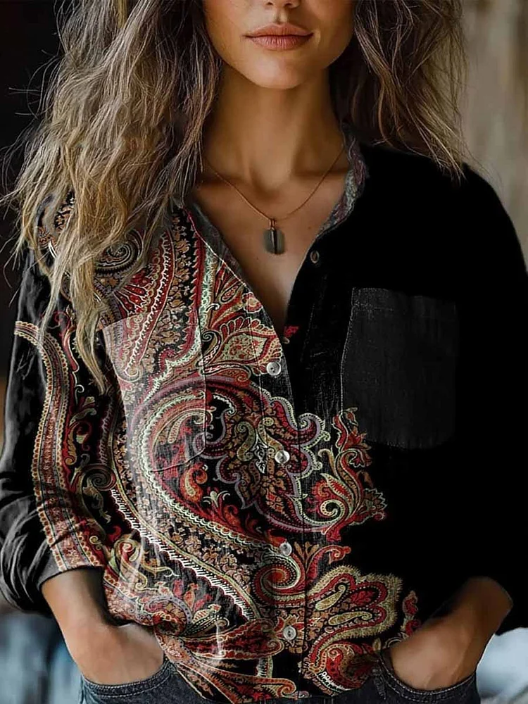 WomenS Vintage Floral Pattern Long Sleeve Comfortable Cotton And Linen Shirt