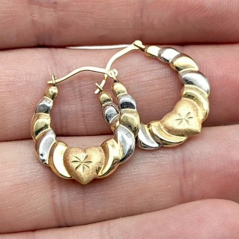 Vintage Gold Color Ribbed Tri-Color Heart Hoop Earrings