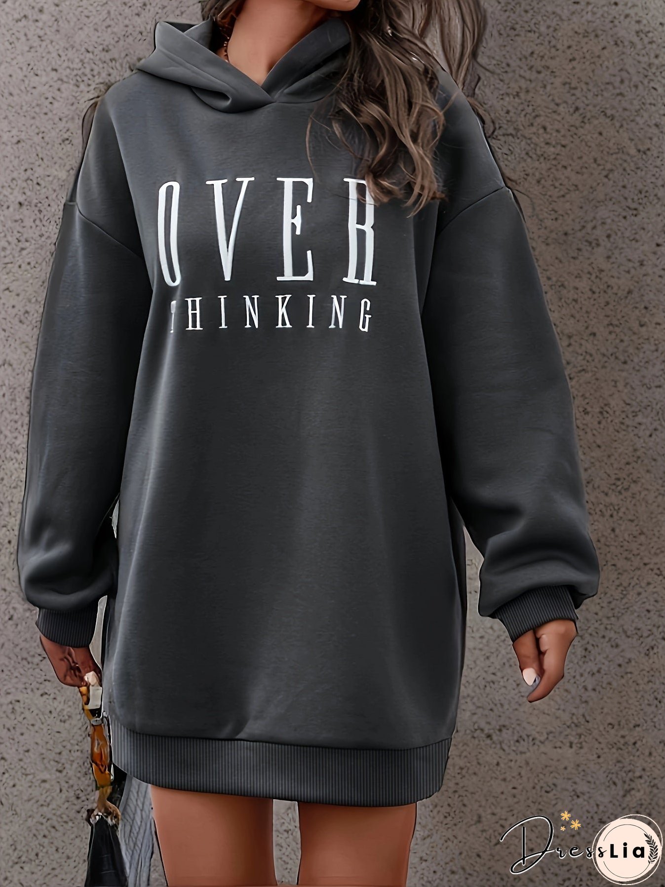 xieyinshe Letter Print Simple Hoodie, Casual Long Sleeve Drop Shoulder Hoodie, Women's Clothing