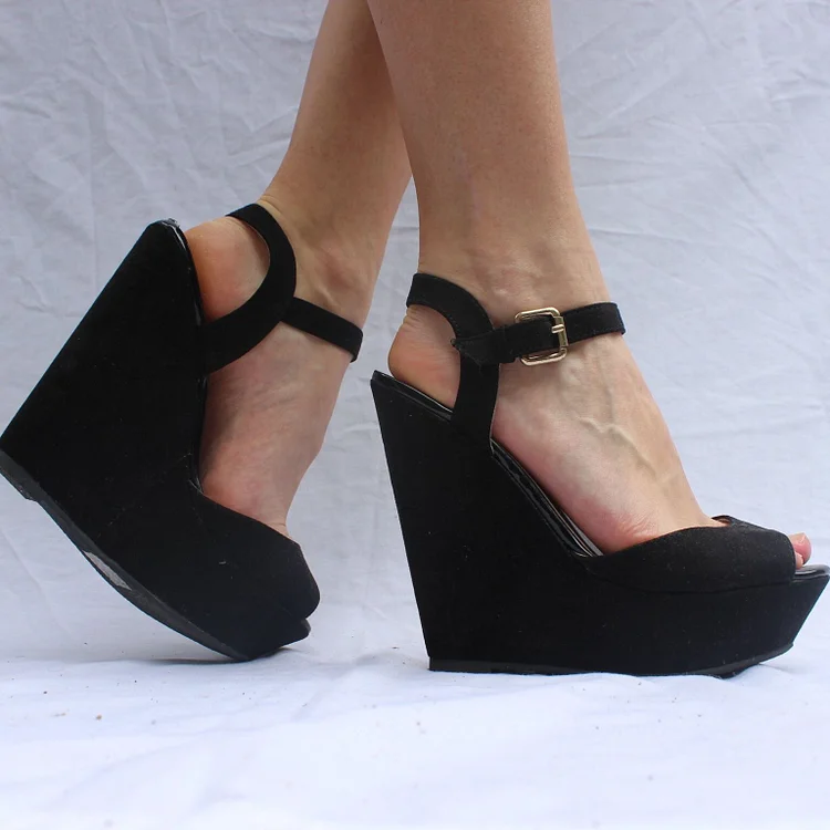 Custom Made Suede Wedges in Black |FSJ Shoes