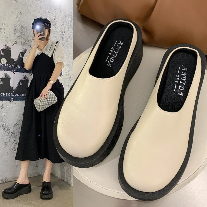 Wongn Wongn Platform Bottom Shoes Female Real Leather Skin Cool Drag High Heel Waterproof Table Slippers Summer Outside Slope Heel Head Half Drag