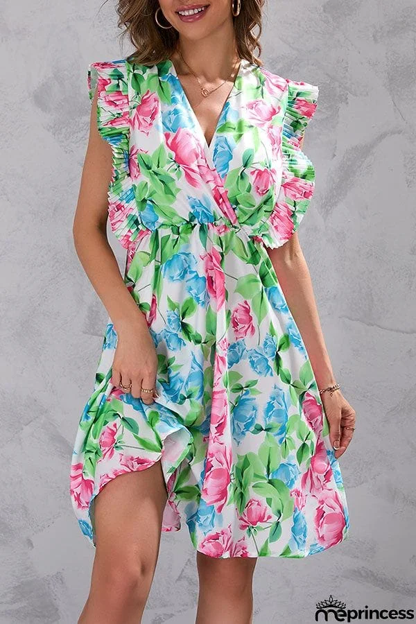 Summer flower waist ruffled sleeveless dress