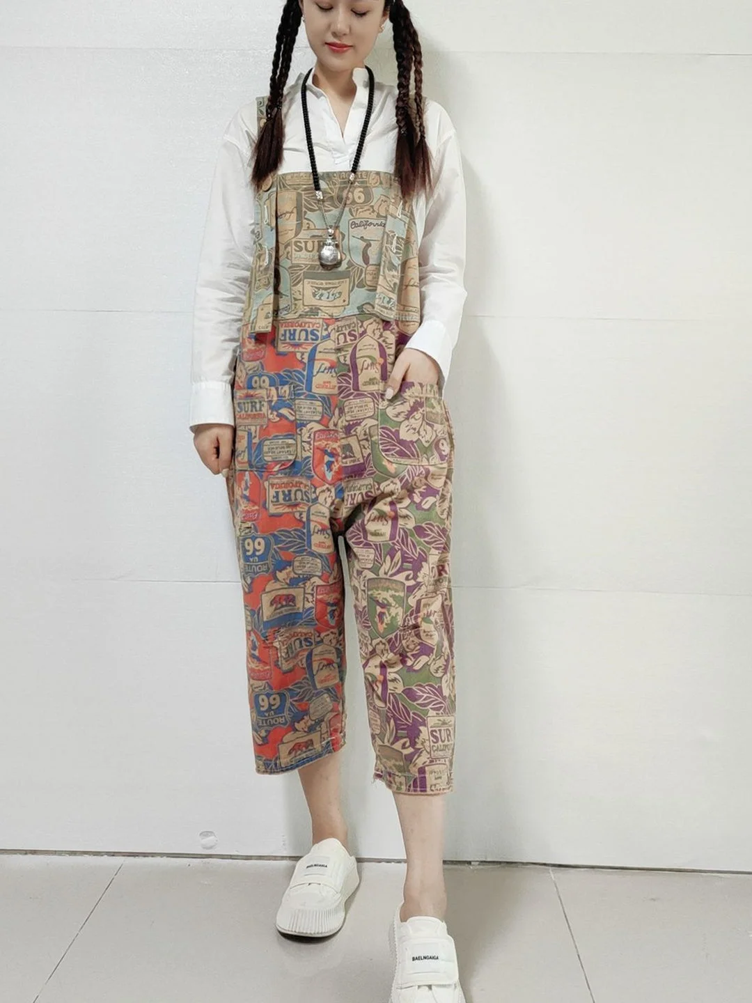 Women's Plus Size Floral Printed Casual Retro Cropped Workwear Denim Overalls Jumpsuit