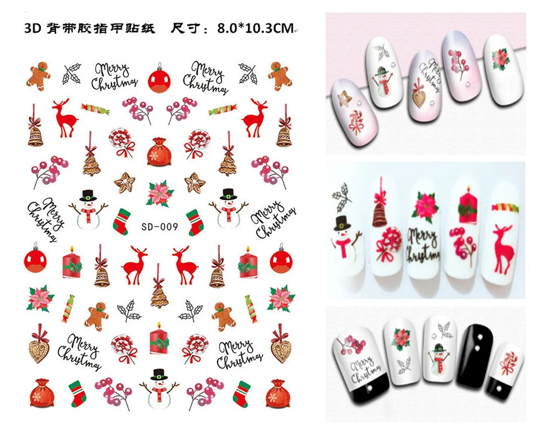 3D Christmas Autumn Winter Nail Sticker Santa Claus Elk Snowman Christmas Tree Star Deer Sliders Manicure Art Gel Polish Decals-Nail Inspo