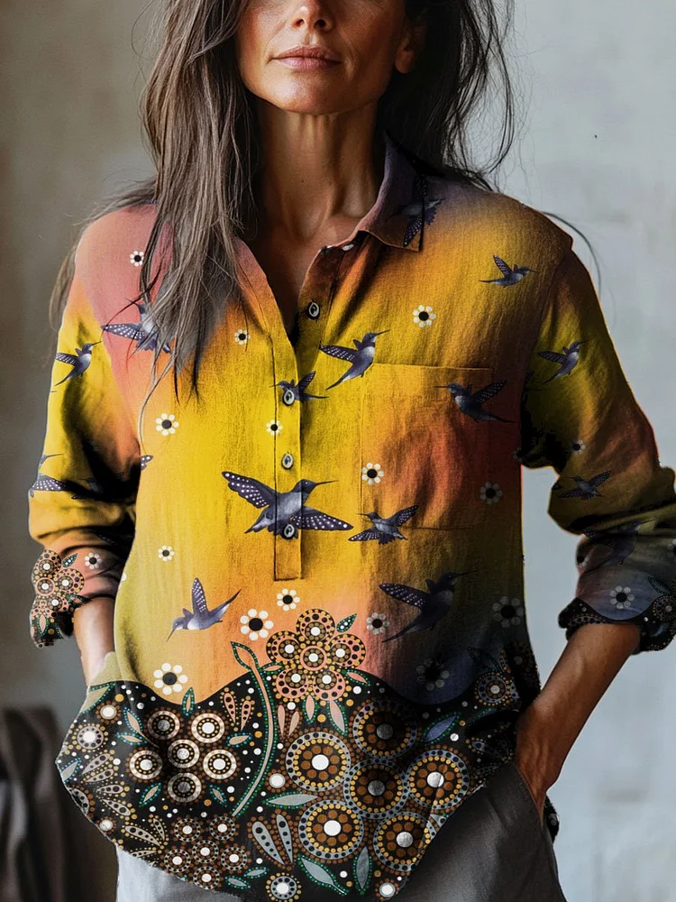 Women's Vintage Flowers And Birds Art Print Casual Cotton And Linen Shirt