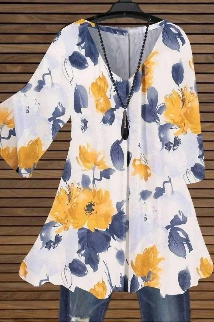 Flycurvy Plus Size Casual Yellow Cotton And Linen Floral Print V Neck Blouse  Flycurvy [product_label]