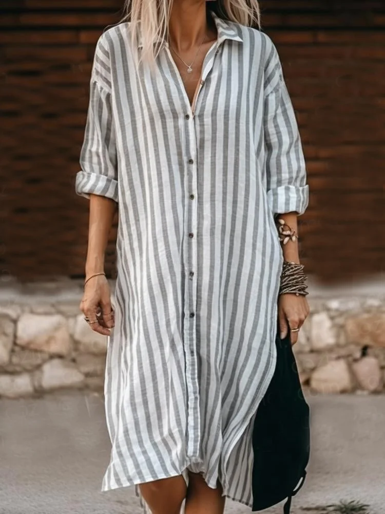 Loose Striped Knee Trim Shirt Dress
