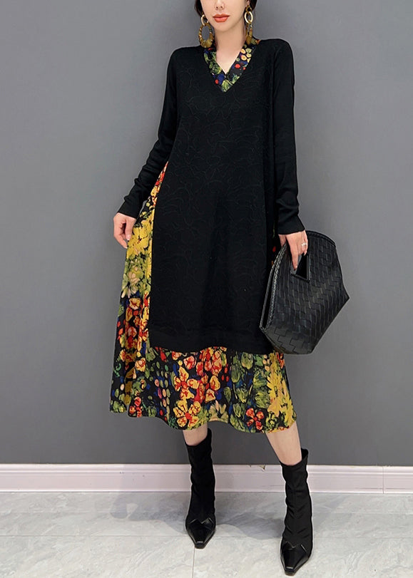 VCSHOES Black V Neck Print Patchwork Fake Two Pieces Knit Dresses Fall