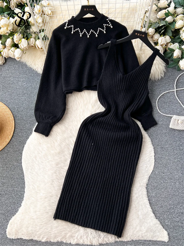 Huibahe Pearls Knitted Suits Winter O Neck Long Sleeves Pullover+Strap Slim Bodycon Dress Female Elegant Striped Sweater Sets