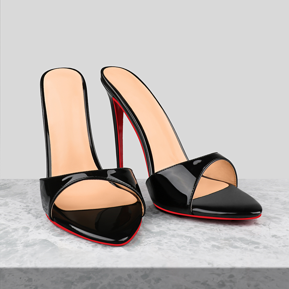 120mm/4.72 Inch Women's Sandals Removable Chain Ankle Strap Pointed Toe Mules Heels Red Bottom Heels