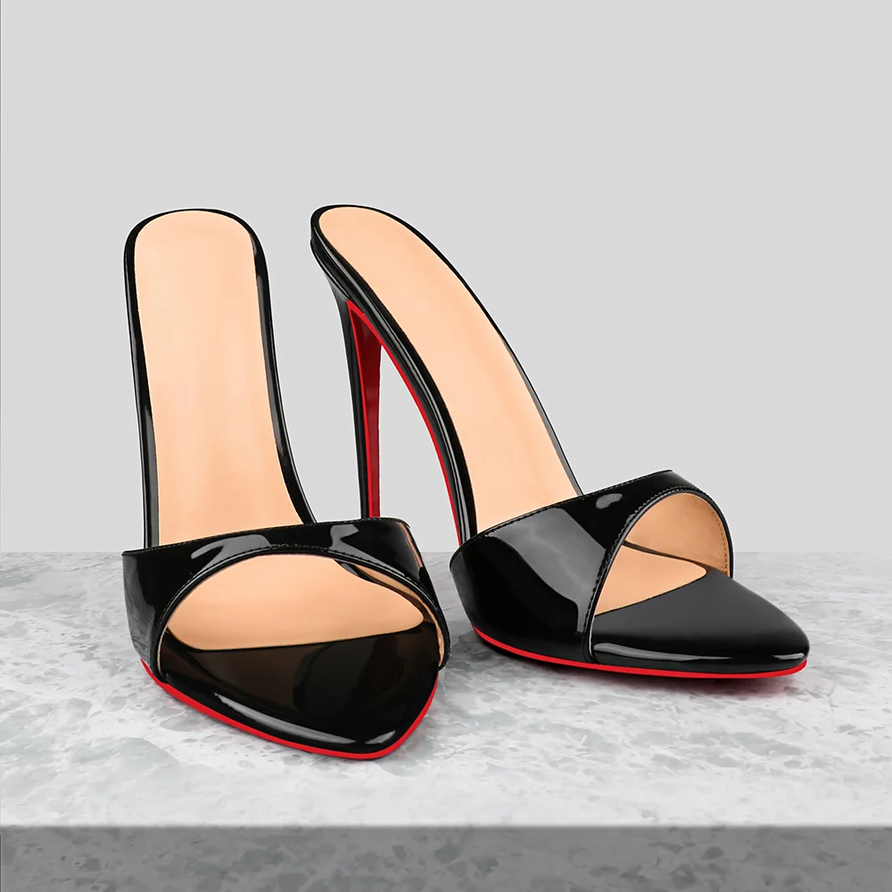 120mm/4.72 Inch Women's Sandals Removable Chain Ankle Strap Pointed Toe Mules Heels Red Bottom Heels