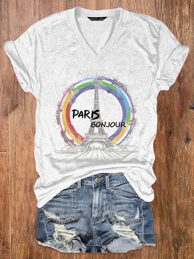 Women's Paris Travel Printed Casual V-Neck T-Shirt