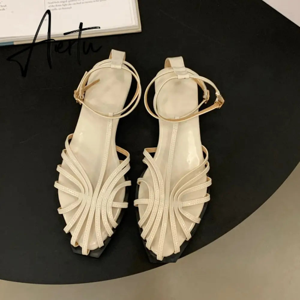 Summer Flat Heel Women Sandal Fashion New Brand Gold Narrow Band Ladies Slingback Shoes Ankle Srtrap Dress Slides Aiertu