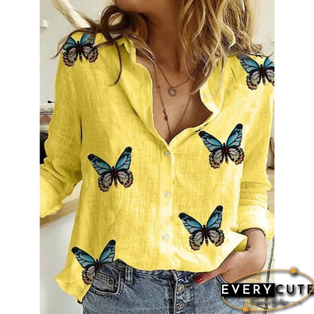Ladies Slim Irregular Butterfly Print Ladies Shirt Turn Down Collar Cotton Linen Blouse Top