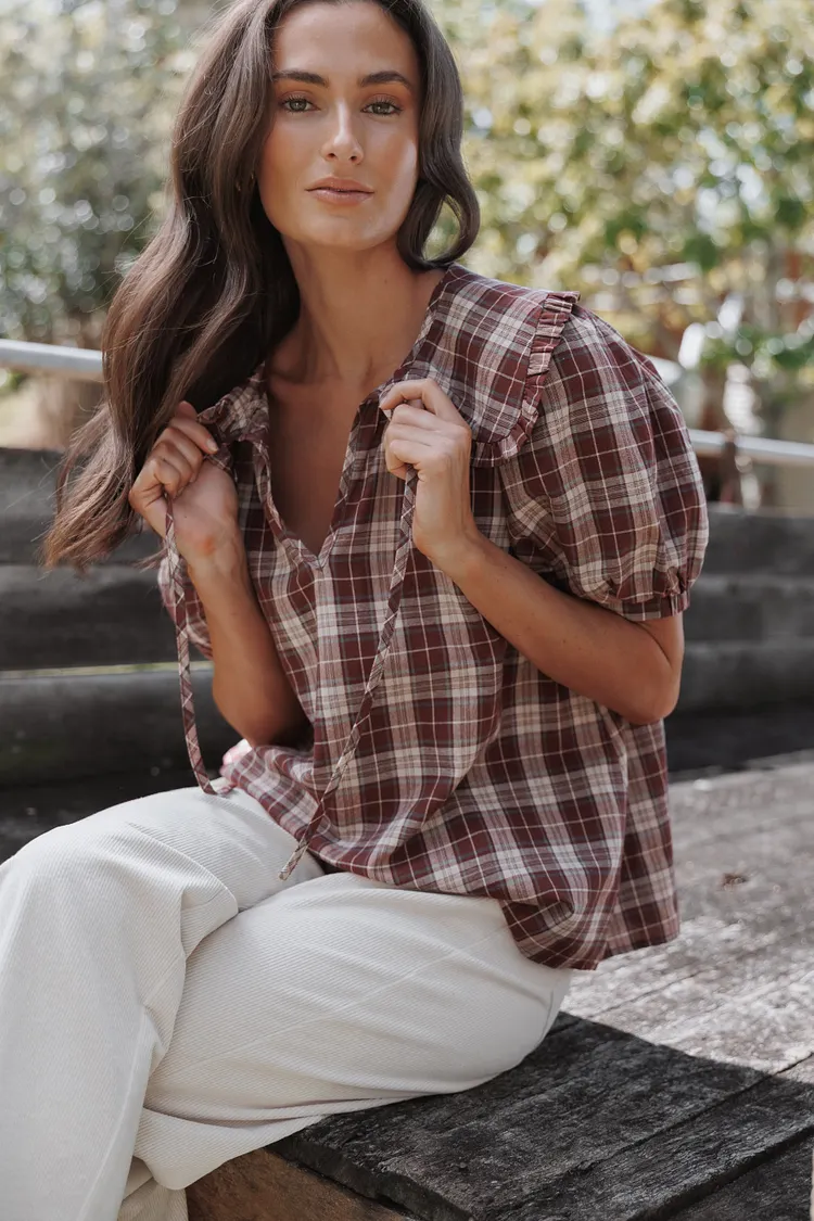 Evandri Frill Collar Top - Burgundy Plaid