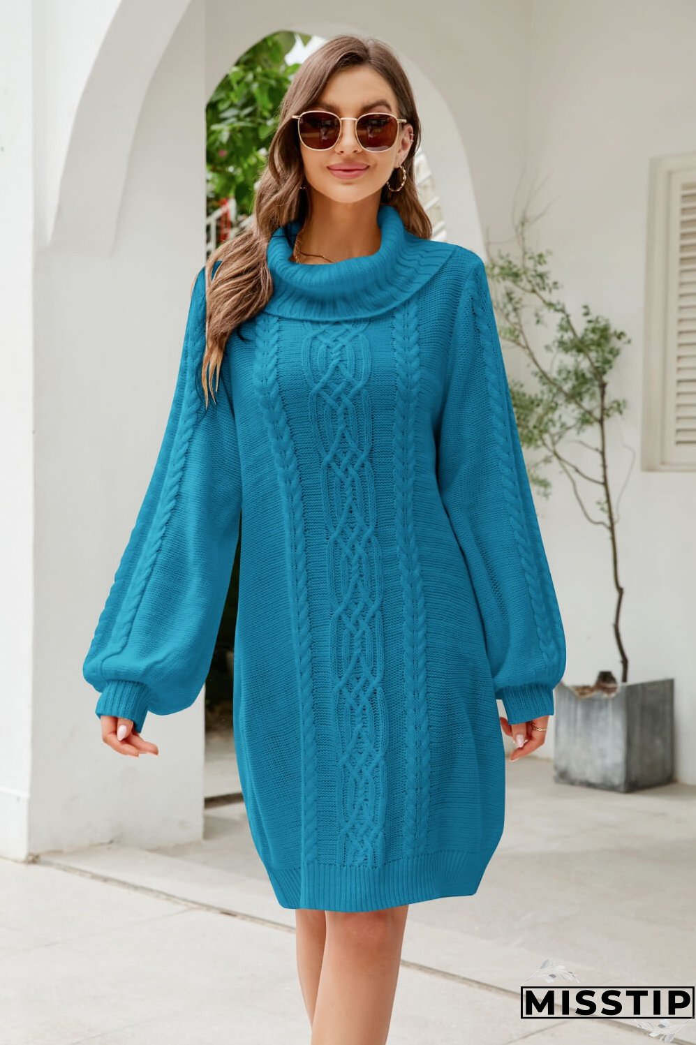 Woven Right Mixed Knit Turtleneck Lantern Sleeve Sweater Dress