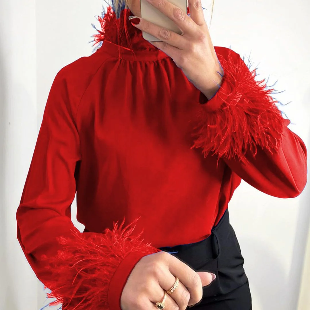 2022 Autumn Winter Feather Long Sleeve Blouse Shirt Women Green Elegant Office Lady Top Shirts Casual Fashion Black