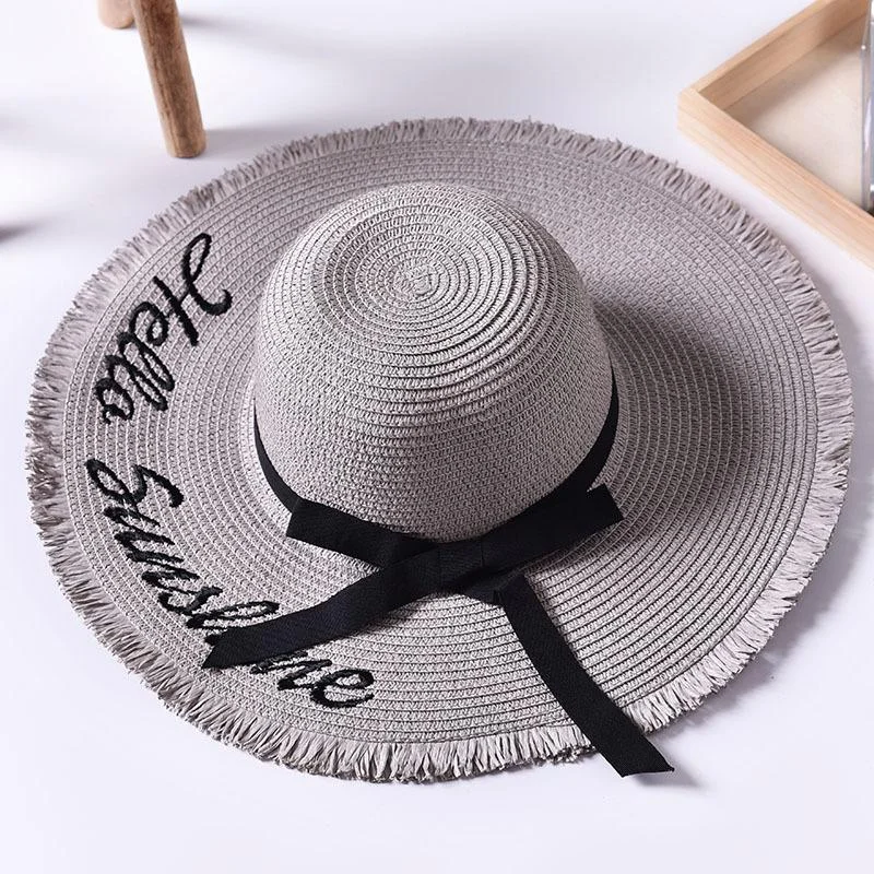 Summer Beach Hat Female Embroidered Letters Sun Large Brimmed Straw Hat