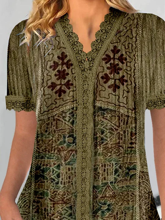 Women Short Sleeve V-neck Floral Printed Graphic Lace Tops