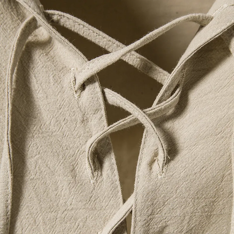 Men's Retro Vacation Linen Hooded Lace-Up Short Sleeve Shirt-INSPIREUSE