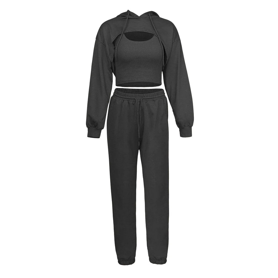 2023 Autumn Hoodie And Pants Set Casual 3 Piece Sporty Sets For Women Solid Color Women Outfit Jogger 3 Piece Suit