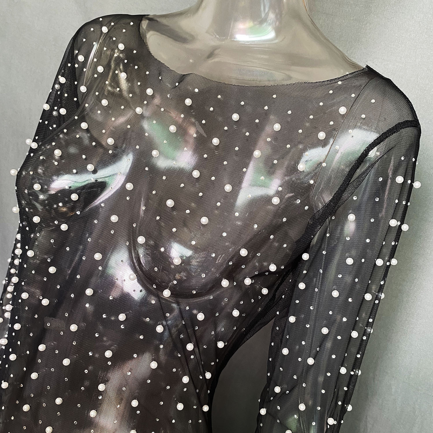 Ootddress Pearls See-Through Long Sleeve Cover-Ups Holiday Beach Diamond Decoration Women Beach dress Elegant Split Solid Cover-Ups
