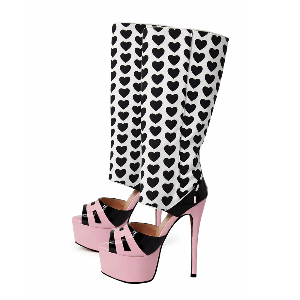 Black Heart Print Platform Sandal Boots Women Trendy Sexy Mixed Color Cut Out Boots Female Open Toe Pink High Heels Long Shoes  highheelher