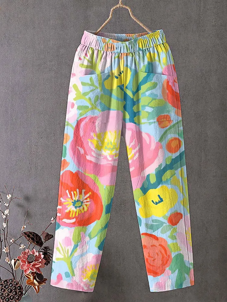 Women's Vintage Flower Art Print Cotton And Linen Casual Pants