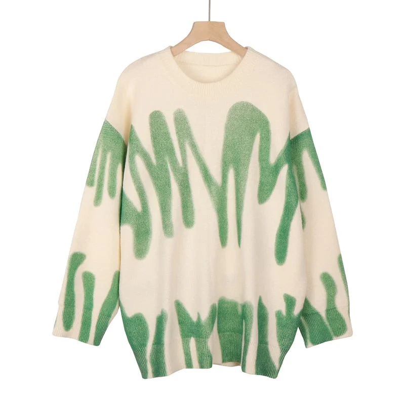 Print Knitted Sweater Women Elegant Green Striped Oversized Pullovers Women Winter Loose Long Sweaters Streetwear Sueter Mujer