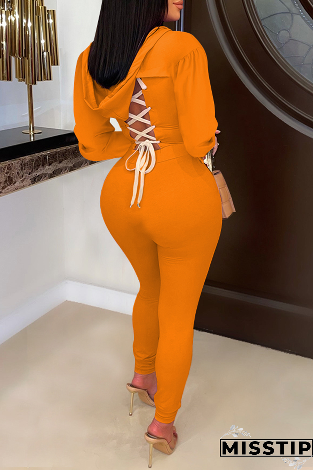 Orange Casual Solid Draw String O Neck Long Sleeve Two Pieces