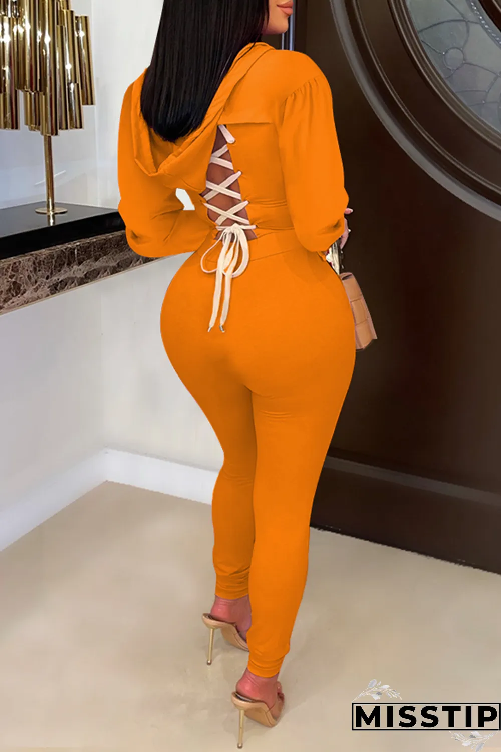 Orange Casual Solid Draw String O Neck Long Sleeve Two Pieces