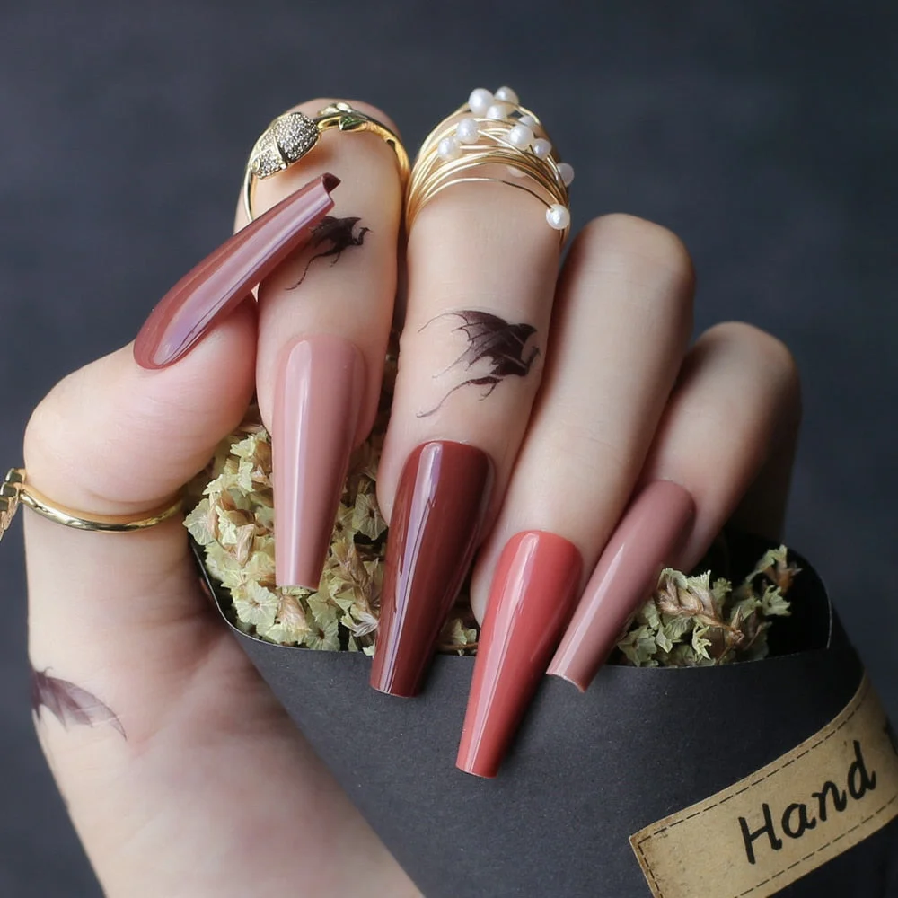 Extra gel Burgundy fasle nails Nude Long Luxury Coffin coffee Acrylic nails salon 24pcs fake nails ballet UV glossy available-Nail Inspo