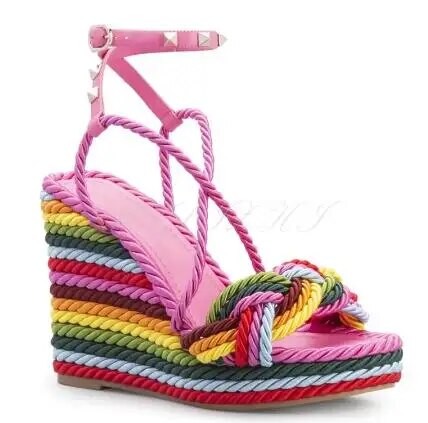 VCSHOES Girls Multi Color Cross Strap Rivet Studded Espadrille Wedge Slingback Sandals Women Open Toe Platform High Heel Beach Shoes
