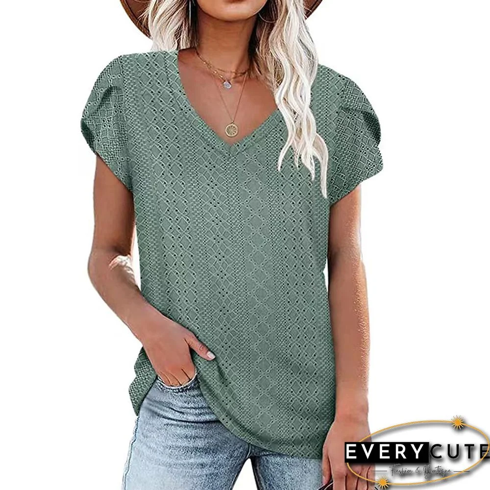 Pea Green Solid V Neck Short Sleeve T-shirt