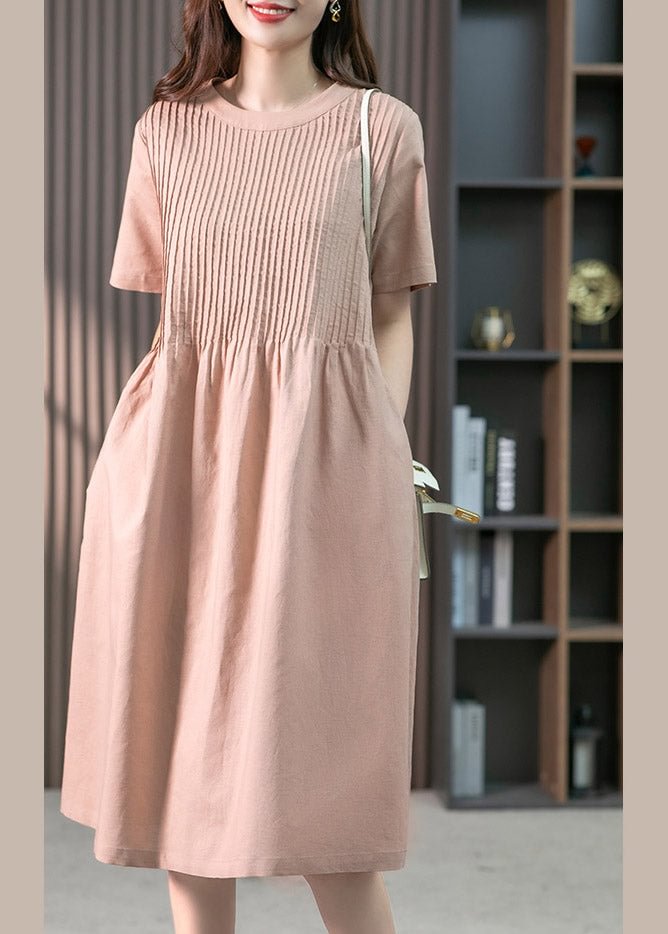 Pink O-Neck Pockets Linen Long Dress Short Sleeve