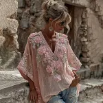 Women's Spring Floral Embroidered Art Print Flowy Linen Blend Three-quarter Sleeve Casual Tops - Image 2