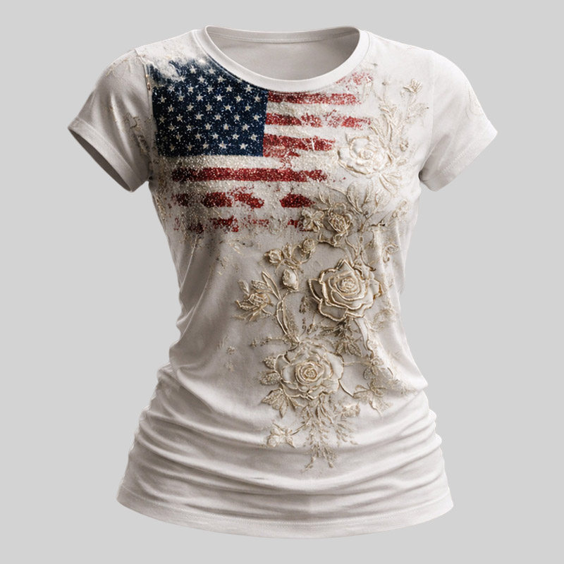 Women's Vintage American Flag 250th Anniversary Art Print Casual T-Shirt - Helixace