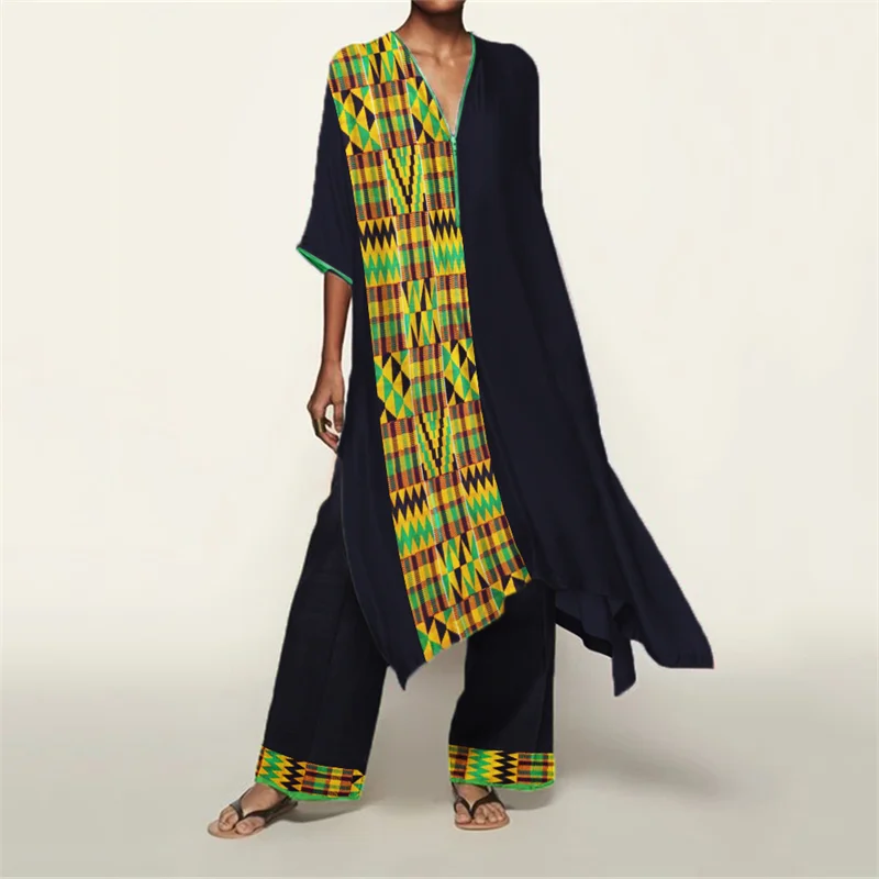 Classy African Kente Contrast Flowy Kaftan & Pants Set