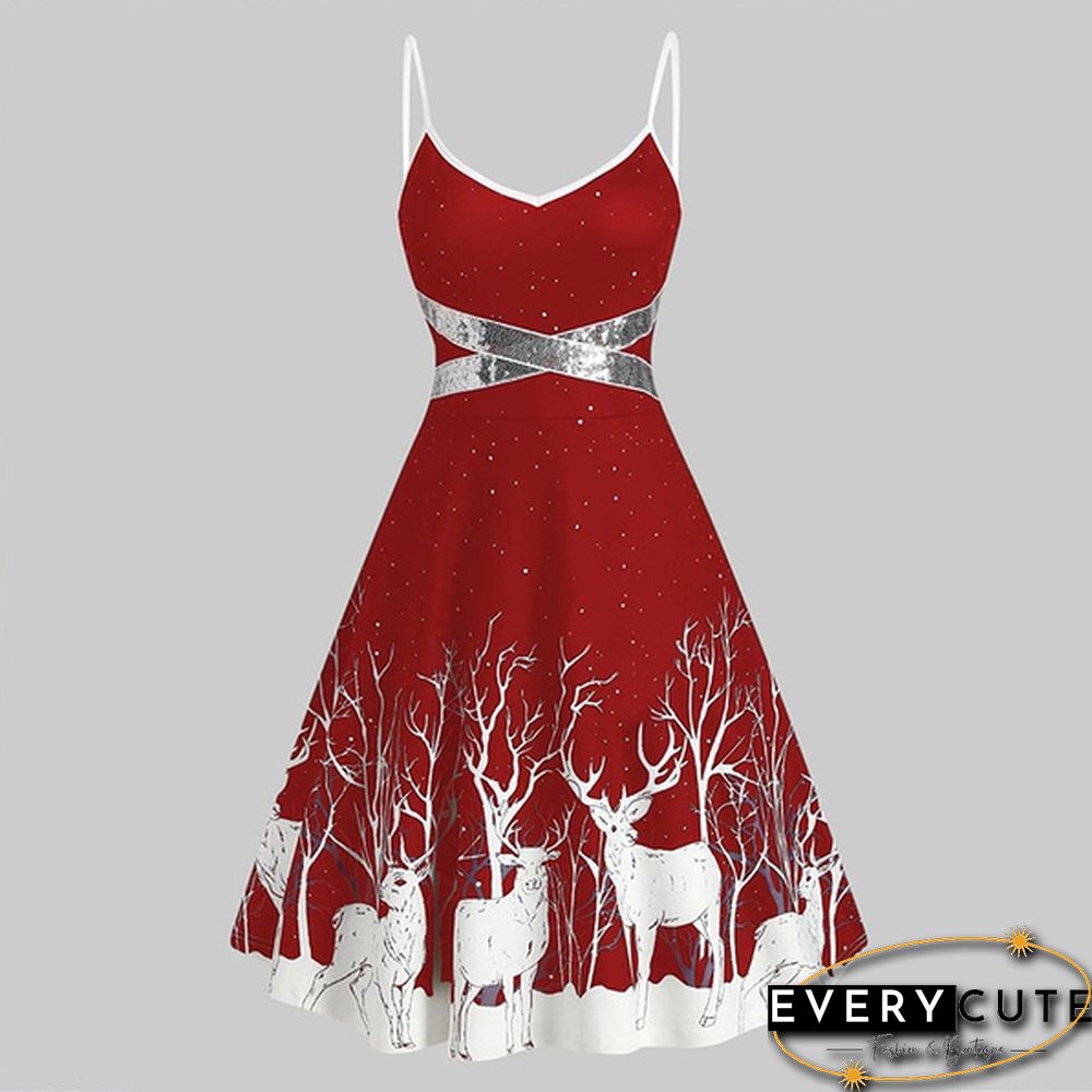 Christmas Print Sequin Patchwork Sleeveless Dress Santa Xmas Deer Skater Party Dresses