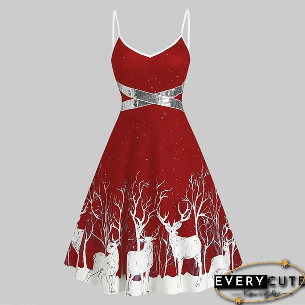 Christmas Print Sequin Patchwork Sleeveless Dress Santa Xmas Deer Skater Party Dresses