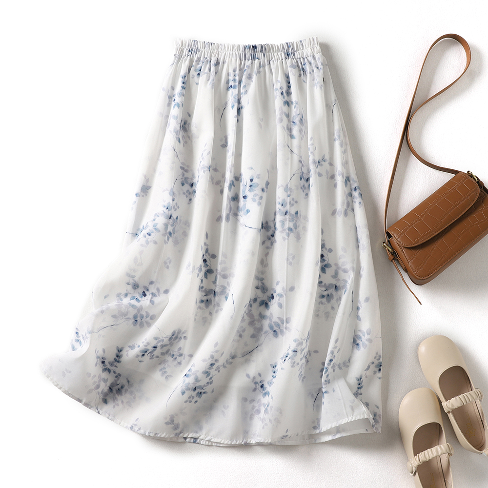Floral Print Double Layered A-Line Midi Skirt Women's Summer Casual Elastic Waist Chiffon f-length Skirts Vintage Sle