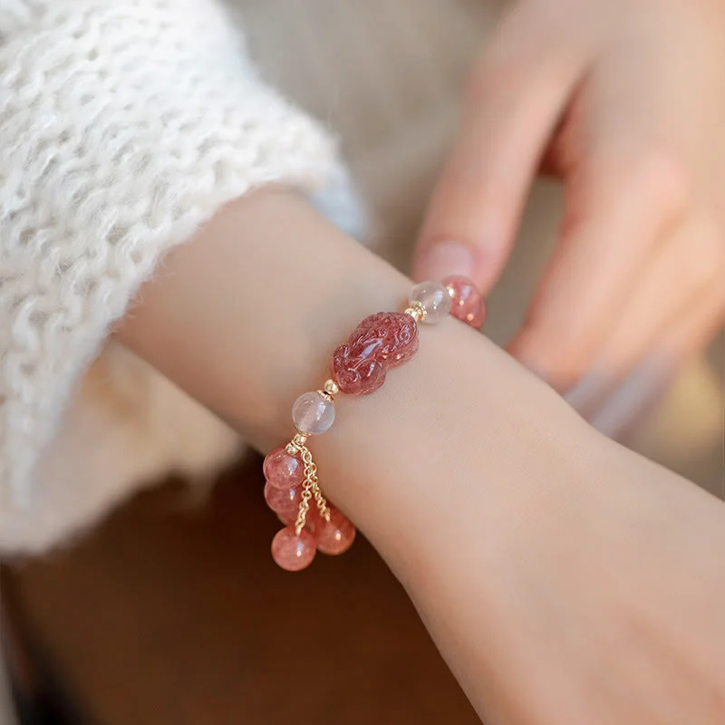 Natural Strawberry Quartz Moonstone PiXiu Love Healing Bracelet
