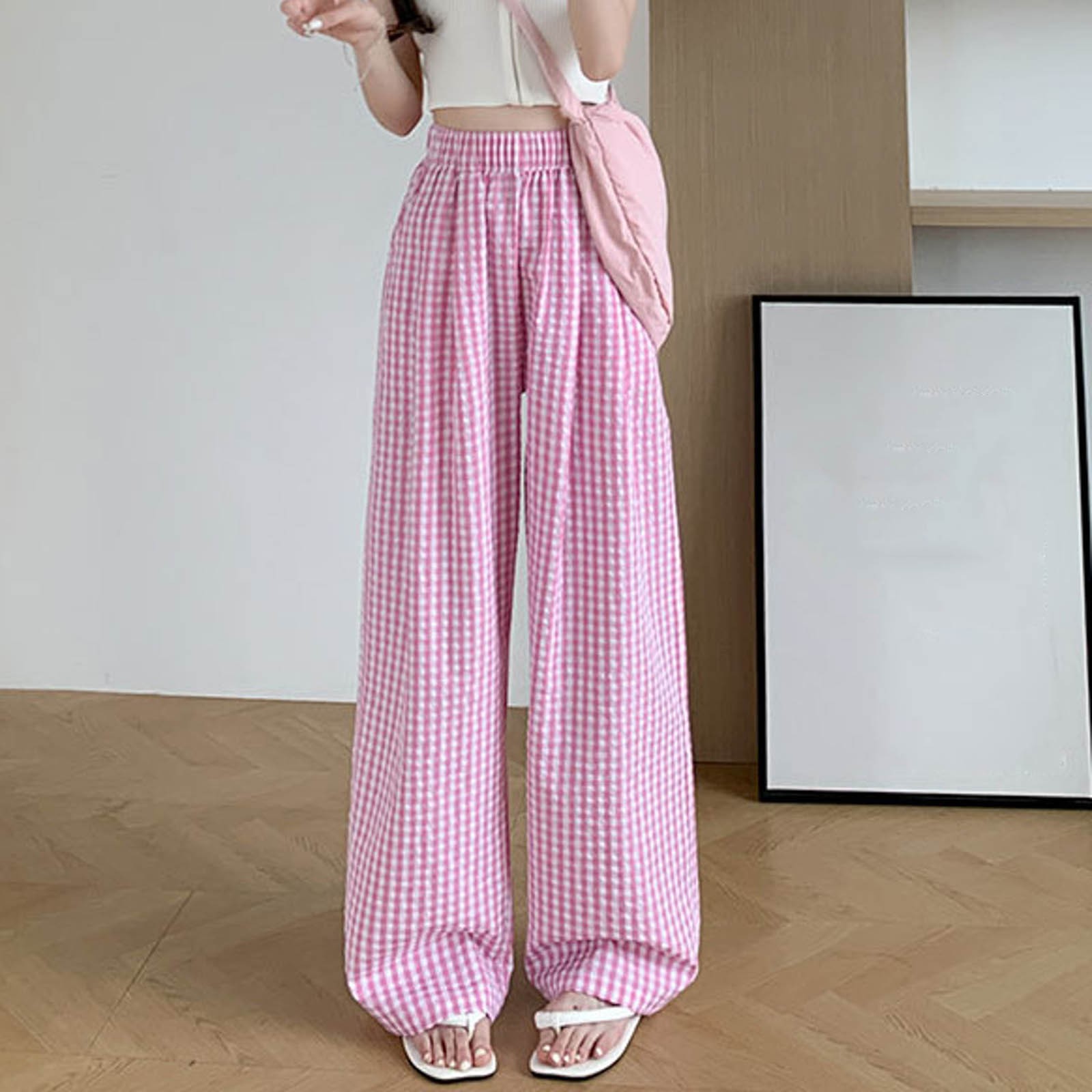 Tomroads Women'S Casual Plaid Long Pants Elastic Waist Loose Comfortable Wide Leg Trousers Ladies Ultra Thin Soft Hiking Pants Pantalones