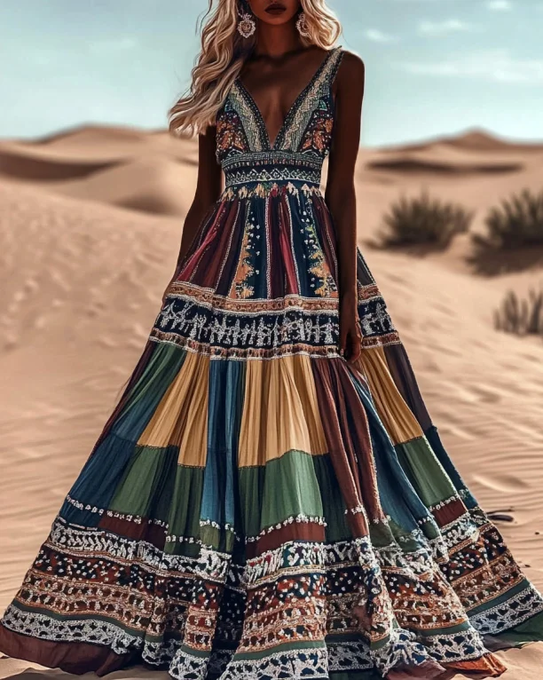 Women's Boho Geometry Art Color Block Sleeveless Maxi Dress