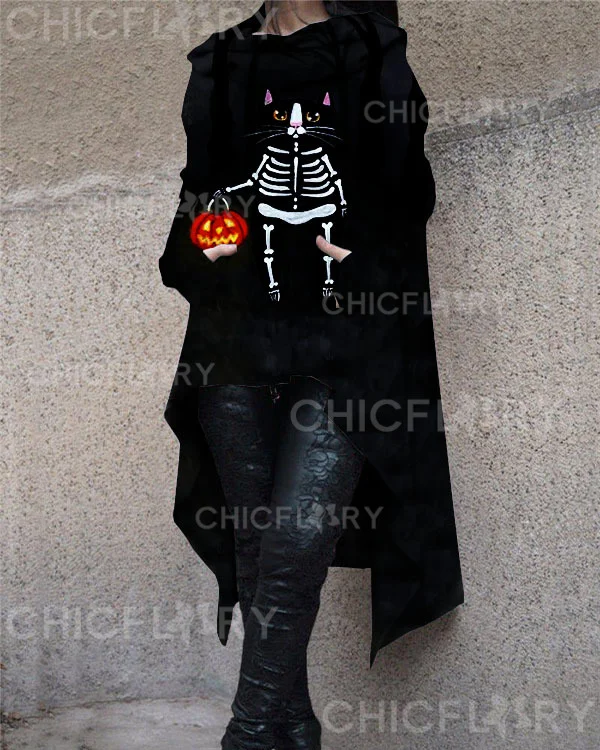 Women's Halloween Skull Cat Pumpkin Print Hooded Long Sleeve Sweatshirt