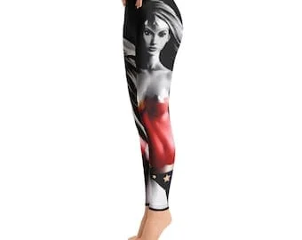 Pornhint Superhero Pop Culture Yoga Fitness Leggings | Stretchy Athletic Meggings | Superhero Style Body Paint Photo | Trendy Spring Break Beachwear