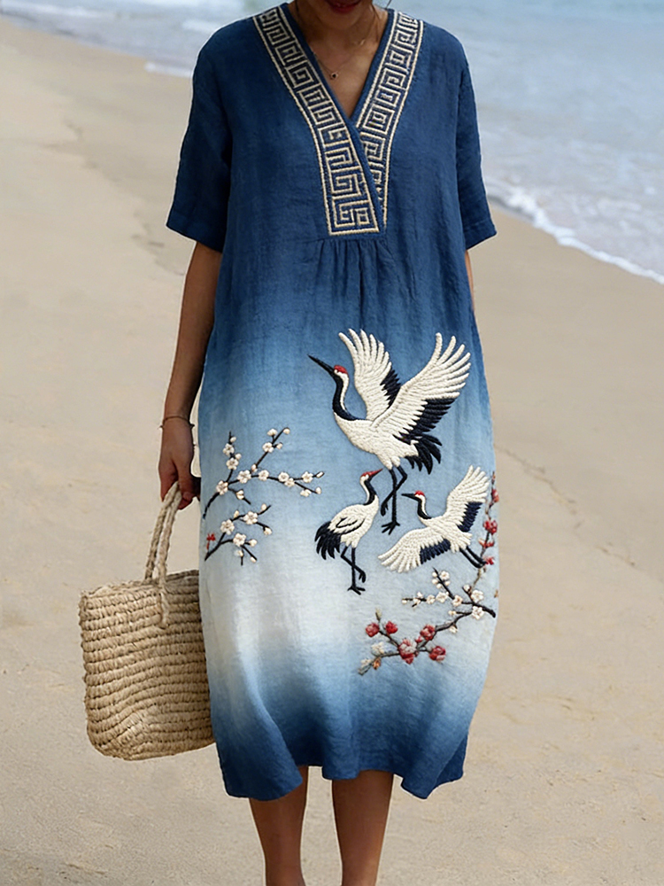 Japanese Crane Cherry Blossom Gradient Linen Maxi Dress wearshes