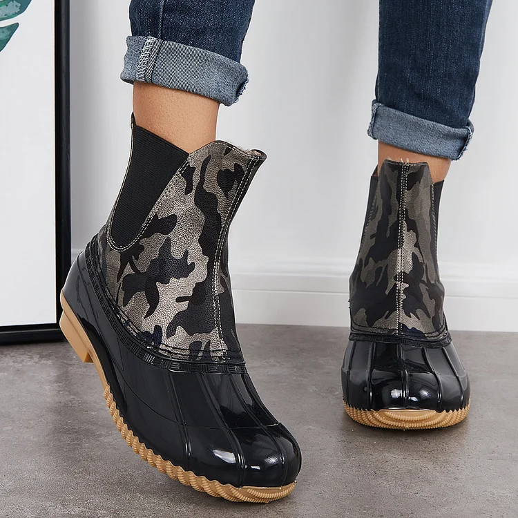 Waterproof Slip on Duck Booties Tow Tone Ankle Boots