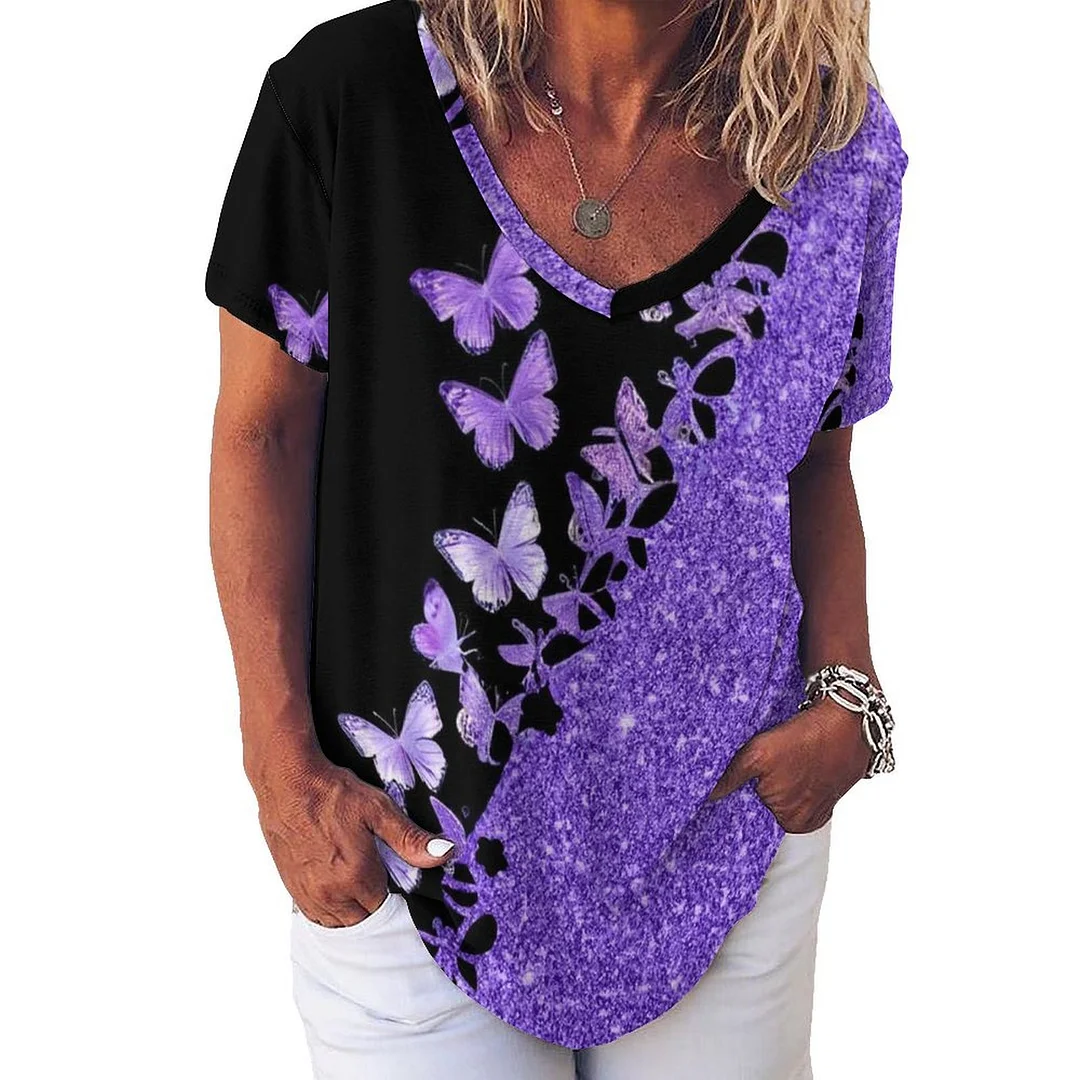 V-neck Short Sleeve Casual T-shirt for  Women Printed with Pattern Purple, Butterfly, Glitter